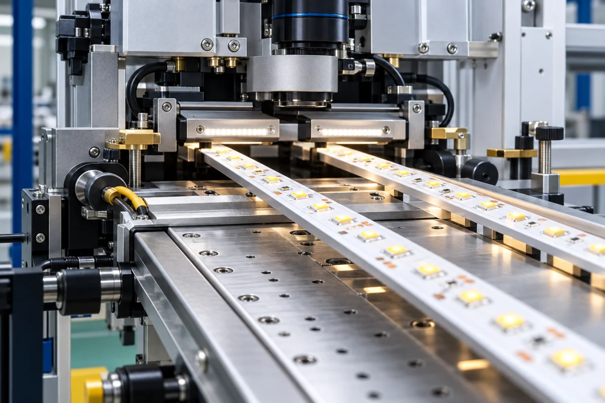 Ilustração de inspeção automatizada de componentes em fitas LED